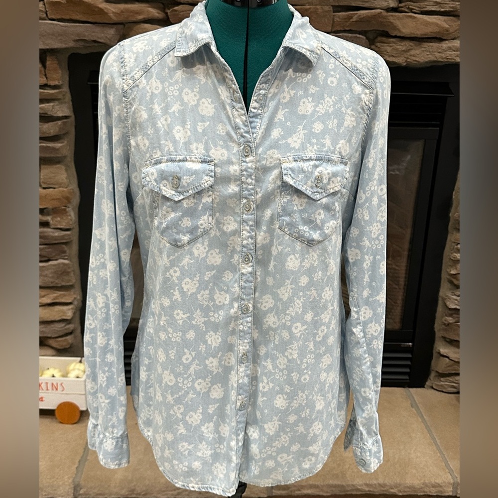 Maurices Light Blue Floral Button Down Shirt